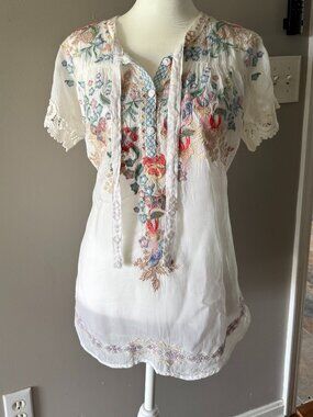 JOHNNY WAS EMBROIDERED HI LOW TUNIC TOP XS